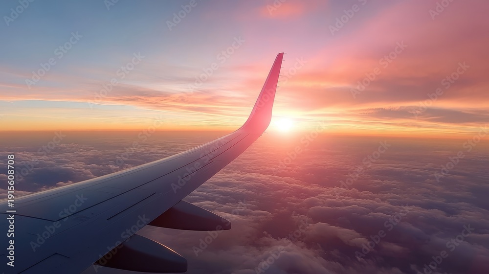 Obraz premium A stunning sunset casts vibrant colors over the clouds, viewed from an airplane wing, showcasing the beauty of nature and the thrill of flying through the sky.