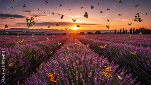 vibrant flight over purple field 