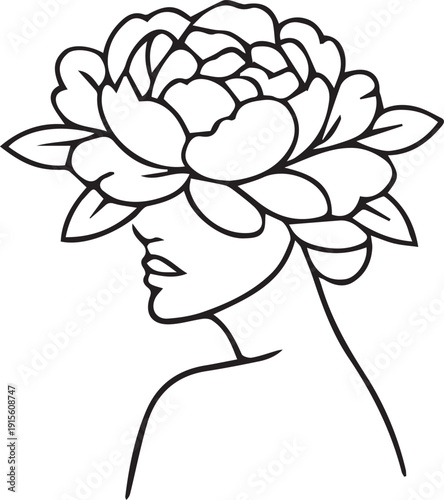 Minimalist continuous line art of woman with flower head.