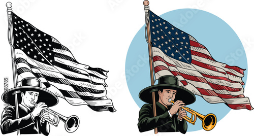 Vintage engraved trumpeter with American flag vector illustration, patriotic musician character in retro classic style isolated engraving artwork with colored and black white versions