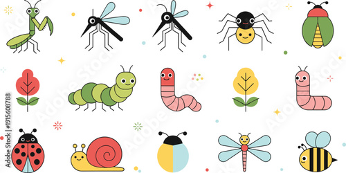 Cute insects and garden nature icon set with ladybug, bee, snail, worm
