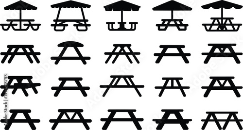Silhouettes of picnic tables with umbrellas and benches, vector illustration for outdoor seating, garden design, park furniture, and landscape planning themes