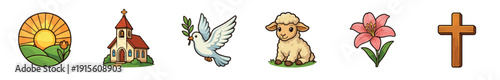 Colorful symbols of faith and nature displayed together in a cheerful arrangement with sun, church, dove, sheep, flower, and cross