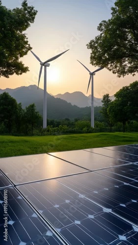 Wind turbines spin while solar panels shine as the sun sets on a clear evening in a green energy area