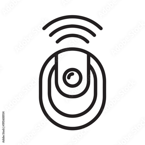 Minimalist black line art icon of a smart robotic vacuum cleaner featuring wireless wifi signal for automated household cleaning and technology.