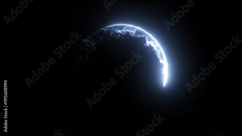 Minimal animated light form. A delicate luminous arc appearing briefly before dissolving and repeating