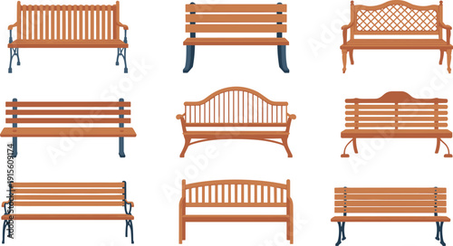 Silhouettes of wooden park benches with varied designs, outdoor seating vector illustration for urban planning, garden, and public furniture themes