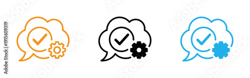 Three colored speech bubbles with checkmarks and gears