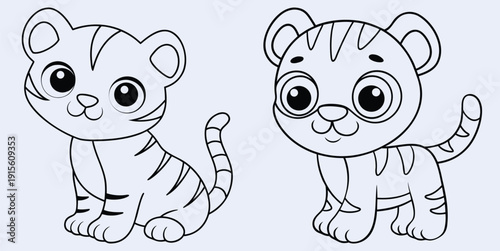 Adorable Tiger Cubs Line Art, Cute Baby Animals Black White Sketch, Charming Wildlife Illustration For Childrens Books