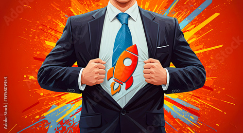Businessman with a rocket ship emerging from his chest, symbolizing startup growth and entrepreneurial success