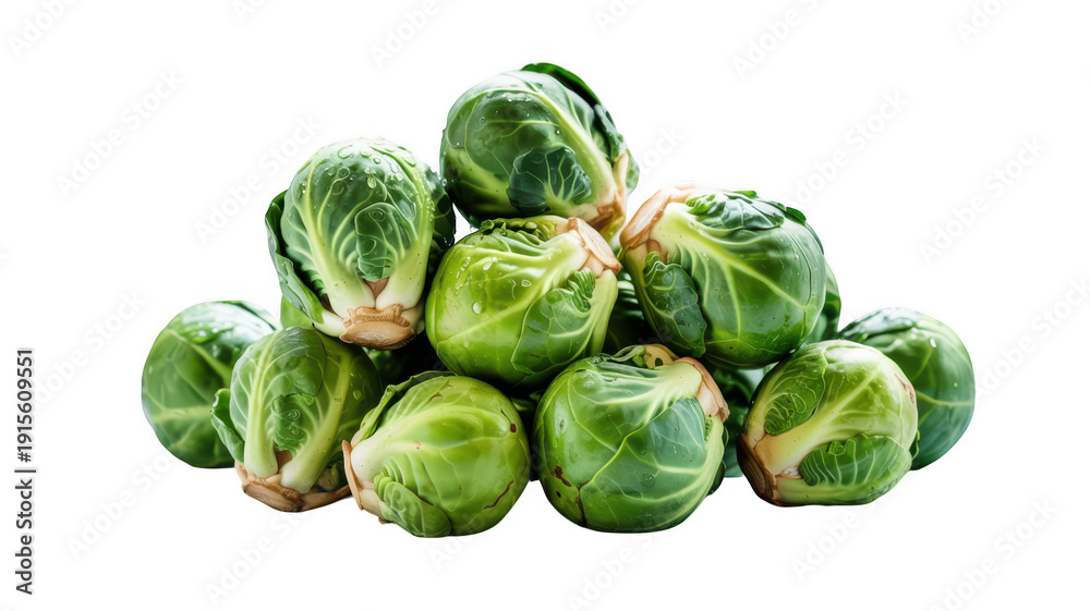 Fototapeta premium Fresh green Brussels sprouts piled together healthy vegetable food transparent background