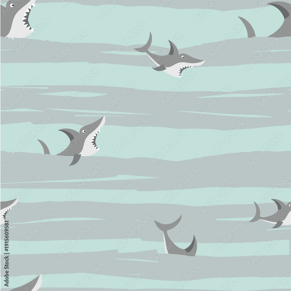 Fototapeta premium Seamless pattern with Shark in waves for boys children is design and pattern on vector