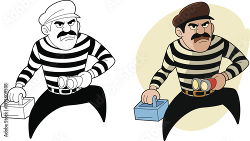 Cartoon burglar character vector illustration with flashlight and toolbox, black and white and colored versions, sneaky thief mascot isolated flat design collection