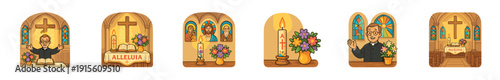 Illustrations of a church setting with religious elements and a character interacting with symbols of faith