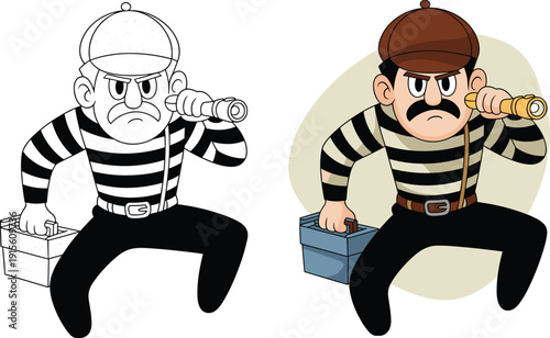 Cartoon burglar character vector illustration showing thief with flashlight and toolbox in black and white and colored versions, isolated flat design mascot concept set