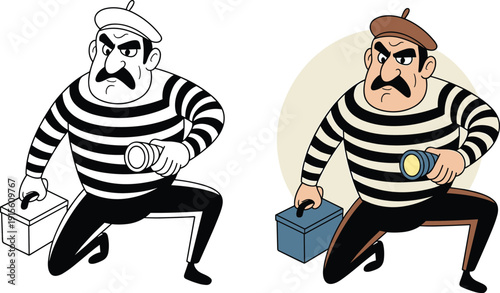 Cartoon burglar thief character vector illustration holding flashlight and toolbox, black and white and colored versions, sneaky criminal mascot isolated flat design style