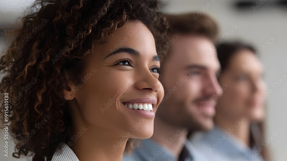 Obraz premium Diverse group of smiling professionals in a bright office setting focused on a woman in the foreground with shallow depth of field
