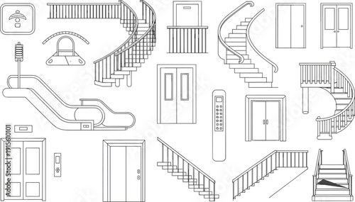 Collection of stairs, elevators, escalators, doors, railings, handrails, architectural elements, building access, vector line art, design, safety, modern construction