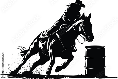 Silhouette illustration of cowboy riding horse in barrel racing event, dynamic pose with sharp turn around barrel, showcasing rodeo speed and agility