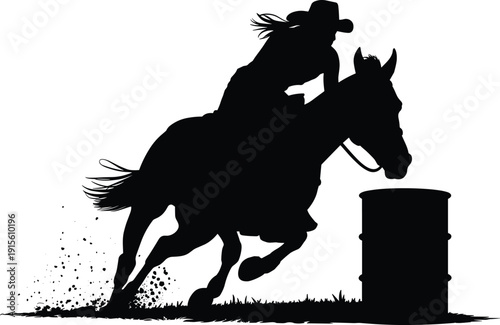 Barrel racing cowboy silhouette on horse, western rodeo action scene with fast motion pose, country ranch sport illustration, isolated black silhouette vector for rodeo design