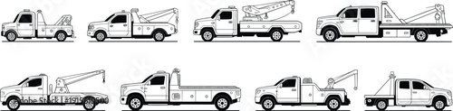 Collection of tow trucks, wrecker vehicles, roadside assistance trucks, heavy duty towing, vehicle recovery, flatbed tow trucks, side view illustration