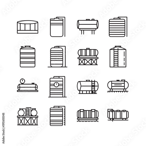 Set of Industrial Storage Tanks Icons, Various Types and Designs