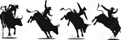 Rodeo cowboy riding bucking bull silhouette set, western action scenes with dynamic poses, country rodeo sport illustration, isolated black silhouettes for ranch, wild west vector design