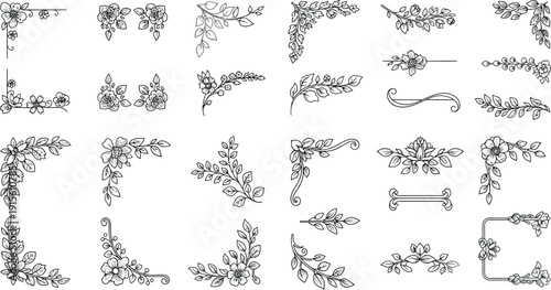 Collection of beautiful hand drawn floral corner elements and decorative dividers featuring various blooming flowers and intricate leafy branches perfect for elegant design accents