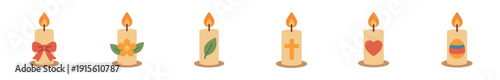Candles with different designs placed in a row showcasing symbols and decorations for various occasions