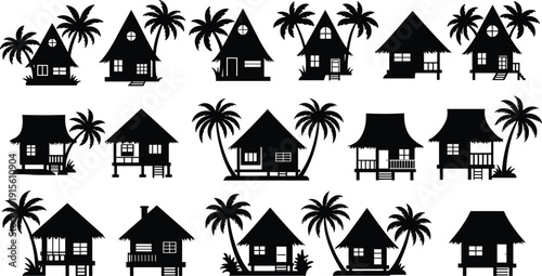Collection of tropical beach huts, traditional island houses, summer vacation bungalows with palm trees, vector silhouettes, exotic architecture illustration for travel, resort, tourism design