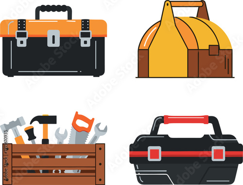 Vector illustration set of 4 different professional toolboxes including plastic cases, metal boxes, and a wooden crate with tools।