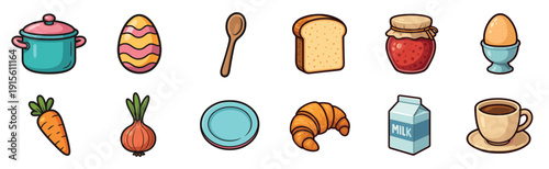 Colorful food items and kitchen tools displayed on a clean background with various objects used for cooking and eating