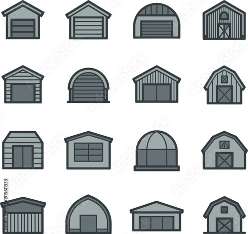 Collection of various garage and barn icons, different building shapes and styles, storage structures, agricultural and residential garages, warehouse illustrations