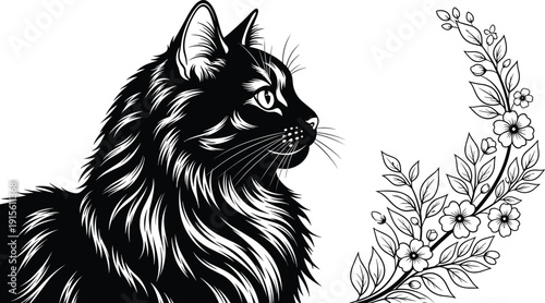 Longhair Black Cat Profile with Floral Branch Illustration, Majestic Feline Line Art, Elegant Pet Vector for Nature Inspired Graphic Design - flavector
