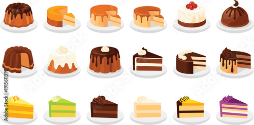Vector illustration set of 18 delicious cakes and cake slices including chocolate bundt, cheesecake, and fruit cakes