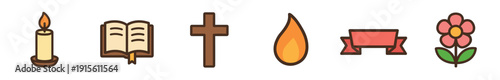 Icons of faith and remembrance with candle, book, cross, water drop, ribbon, and flower on plain background