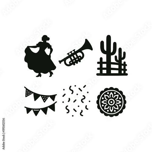 Black and white icons representing mexican fiesta and culture elements
