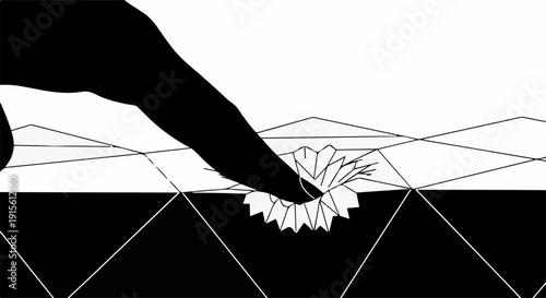 Finger touching delicate geometric snowflake pattern on a stark background