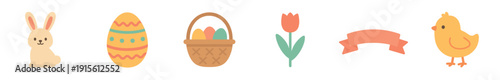 Cute bunny, colorful easter egg, basket with eggs, flower, and chick on bright background for spring celebration