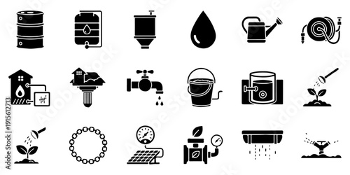 Set of Solid Black Vector Icons for Water Management, Agriculture, Irrigation, and Industrial Liquids