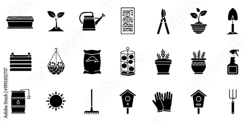 Big Set of Black Gardening and Agriculture Icons. Garden Tools, Plants, and Equipment Vector Collection.