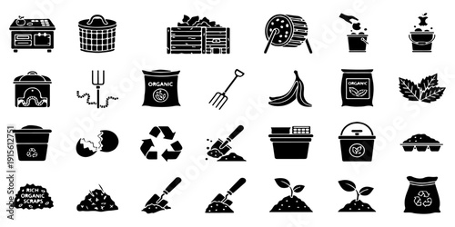 Set of Composting and Organic Waste Vector Icons. Gardening, Recycle and Sustainable Agriculture Black Glyph Symbols.