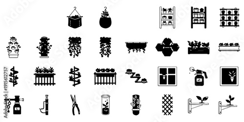 Mega Set of Vertical Garden and Hydroponics Icons in Black Silhouette Vector Illustration