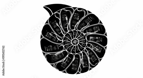 Intricate cross-section of a nautilus shell revealing its beautiful logarithmic spiral structure.