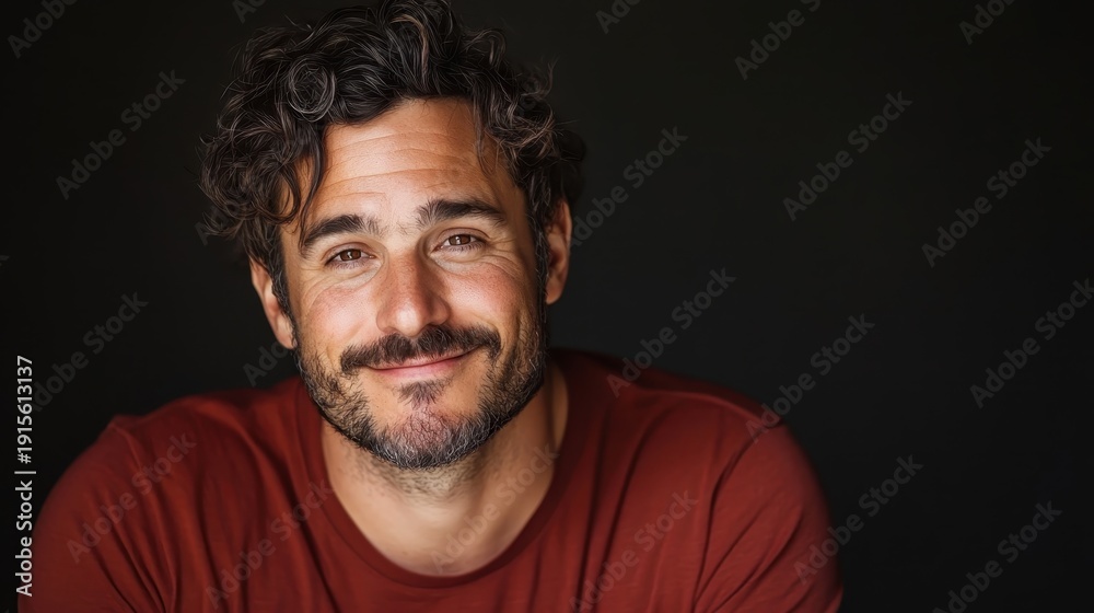 Obraz premium A portrait of a cheerful man with curly hair smiling warmly against a dark backdrop, embodying happiness and confidence in a modern and artistic setting.
