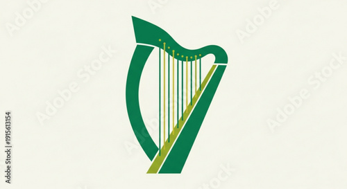 Green harp symbol traditional Irish music instrument illustration isolated on a light background for cultural design