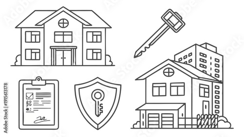 Line drawings display essential real estate and home protection symbols such as houses, a key, and a security shield with a lock.