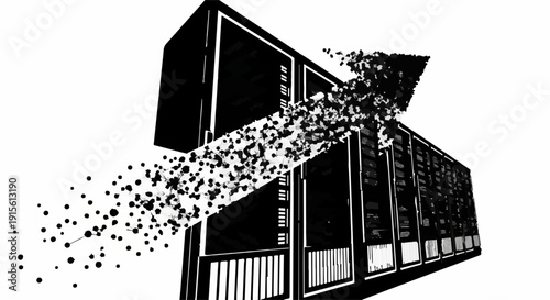 Data stream flowing into modern server racks, symbolizing digital growth and connectivity.