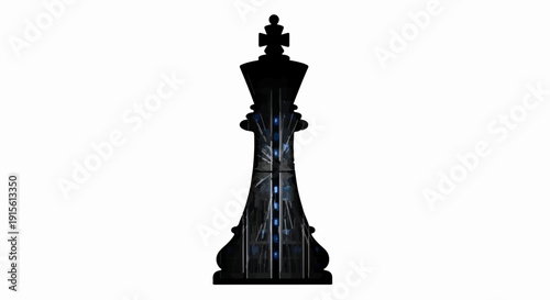 Silhouette of a chess king piece with intricate blue glowing details against a white background, symbolizing strategy and power.