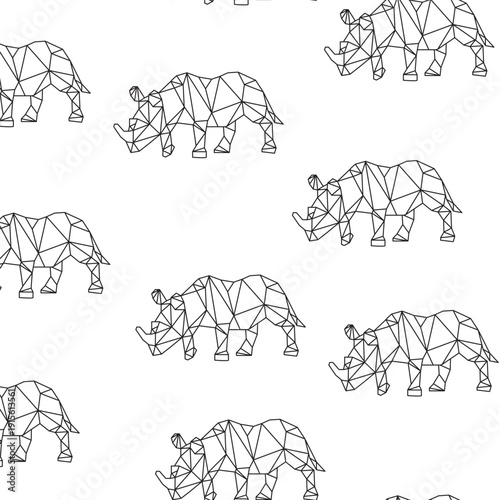Polygonal rhinoceros animal seamless pattern in black and white line art style for textile print for fabric, seamless pattern, ideal for kids apparel, modern fashion, home decor, and stationery